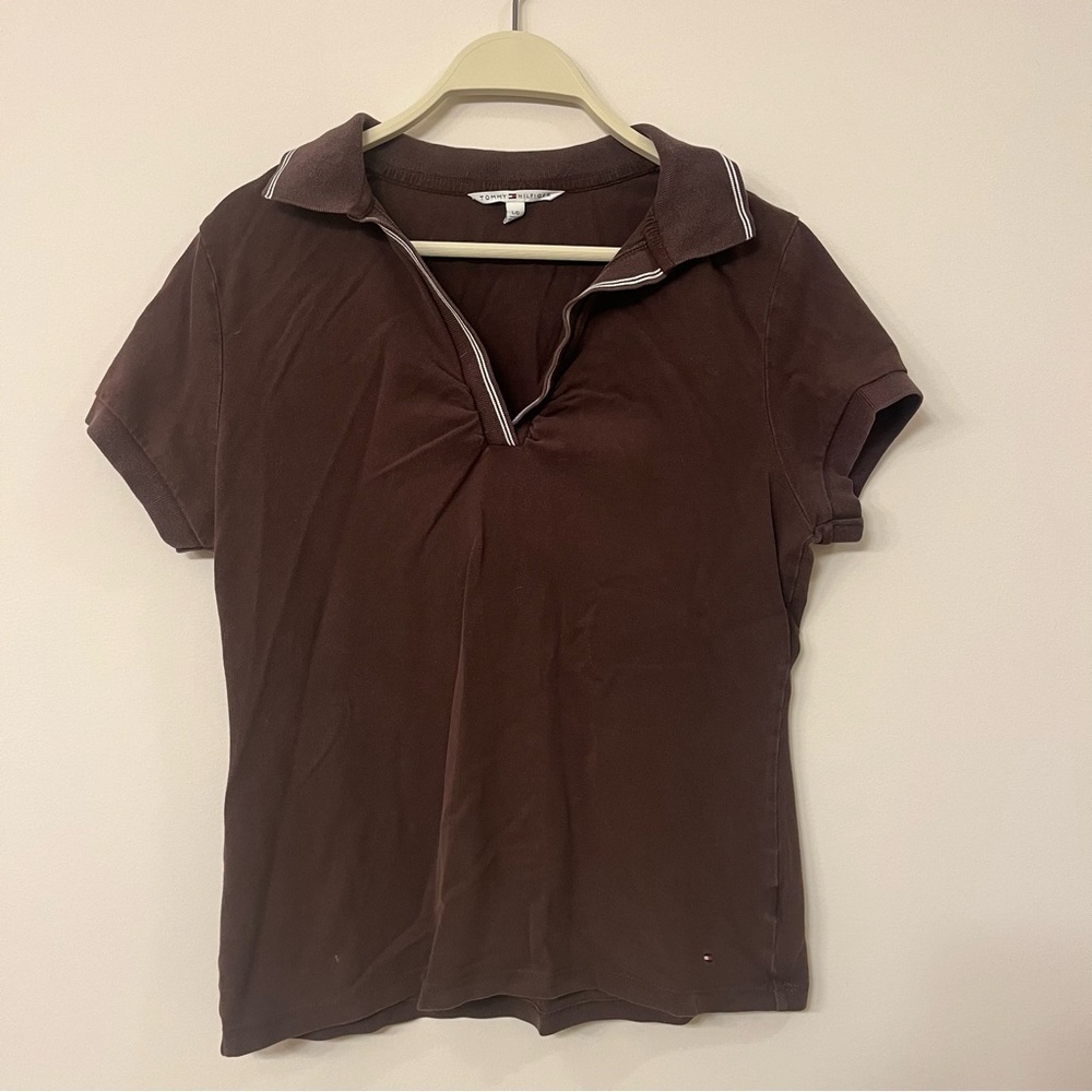 Women’s large Tommy Hilfiger brown v neck collared short sleeve shirt polo